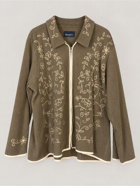 Denim&Co Olive Zip-Front Teddy Jacket with Cream Embroidery